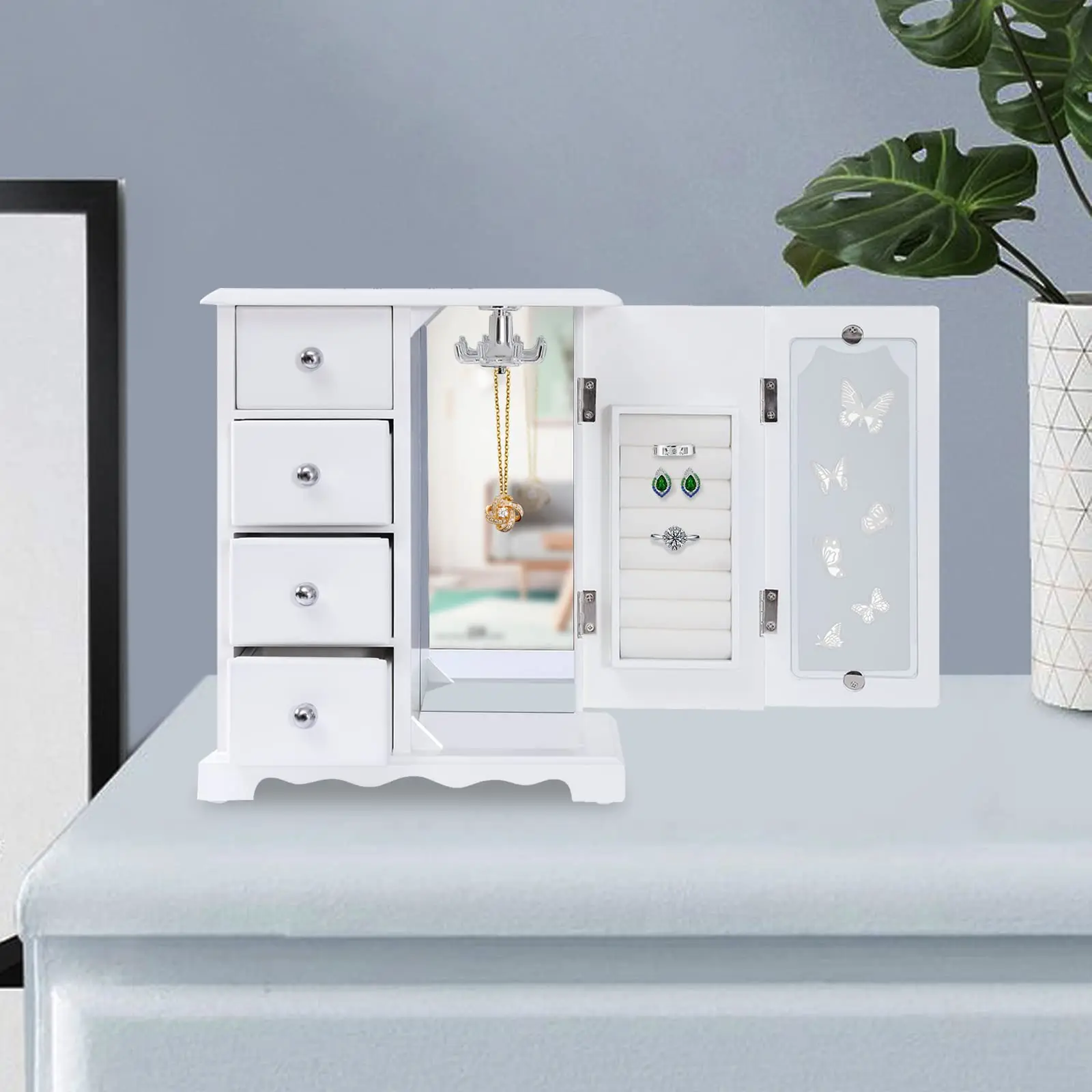 صندوق مجوهرات خشبي صلب، صندوق مجوهرات - مصنوع من الخشب الصلب مع منظم 4 أدراج وقلادة مدمجة ودائرة كبيرة