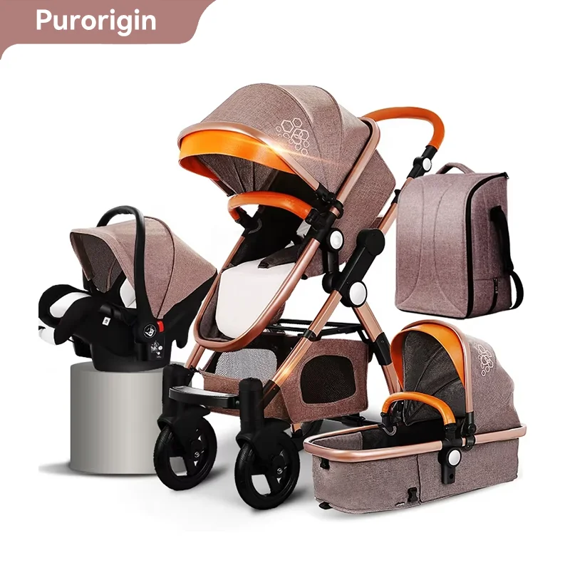 Purorigin luxury foldable high view kids push chair baby buggy 4 in 1 baby pram with car seat and  baby stroller organizer