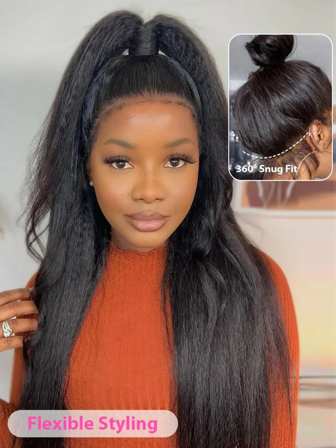 

Mongolian Kinky Straight Invisi-Drawstring Flexible Fit 360 Lace Frontal Glueless Wig Human Hair Pre Plucked Pre Bleached Hidden Strap Wet and Wavy Kinky Straight Wigs