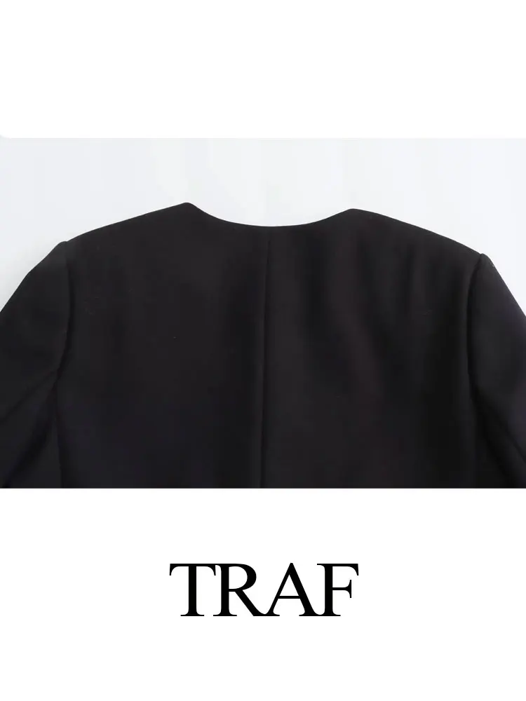 TRAF 2024 Women Vintage Blazer Pocket Tassel Single-breasted Long Sleeves Overcoat Elegant Tassel Female Fashion Chic Causal Top