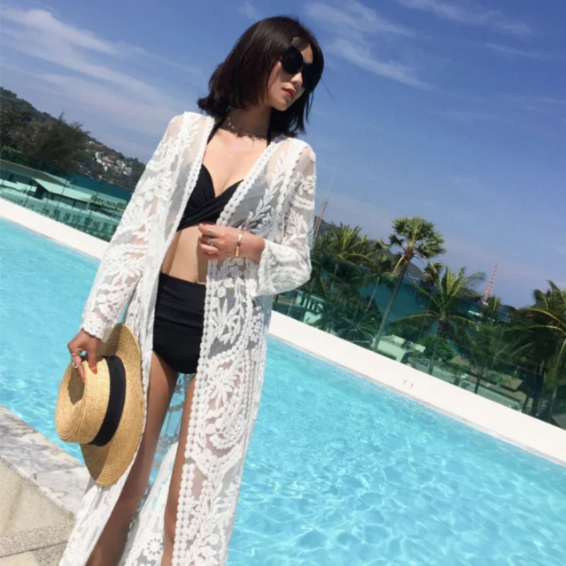 2024 Jurk Strand Wit Kant Zomer Maxi Jurk Vrouwen Lange Mouw Strand Cover Up Sexy See Through Boho Bikini Strandkleding Cover-Ups