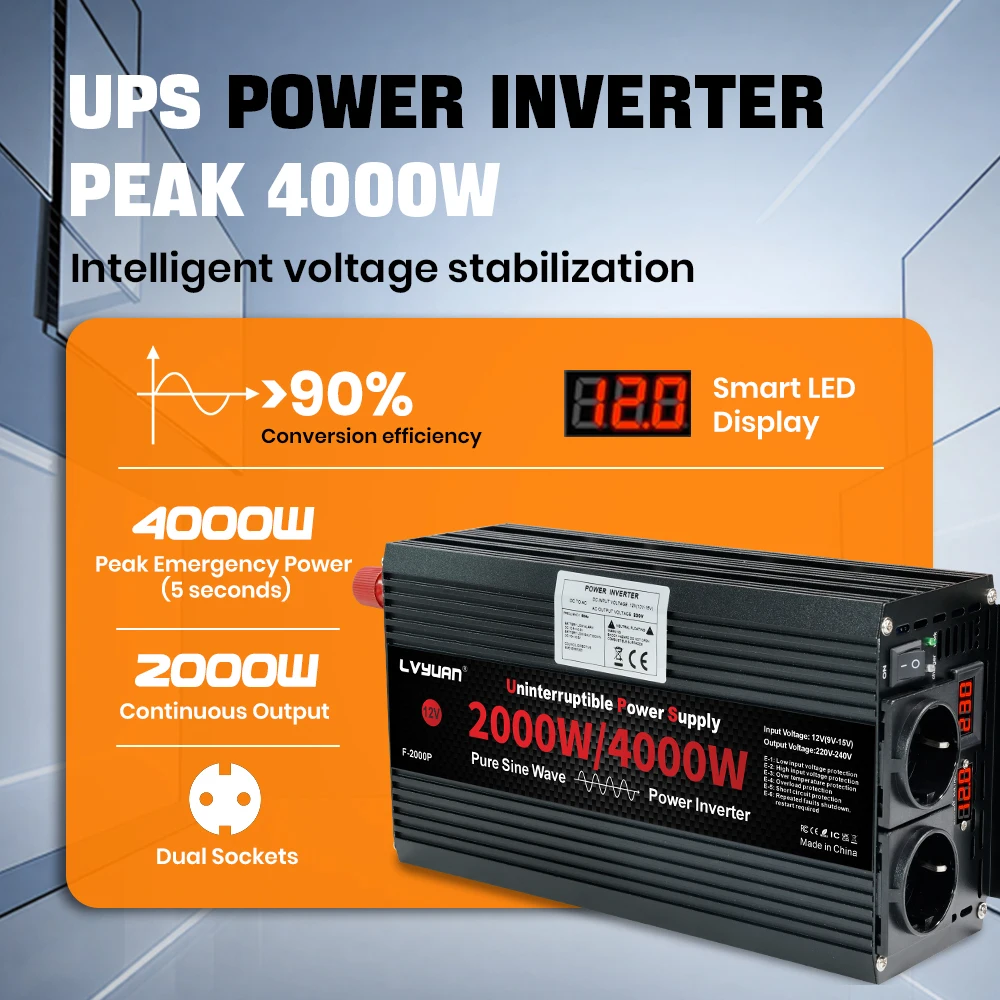 4KW UPS Inverter Charger Pure Sine Wave Solar Inverter DC12/24V To AC 220V/230V110V/120V,For RV,Truck, Solar, Outdoor