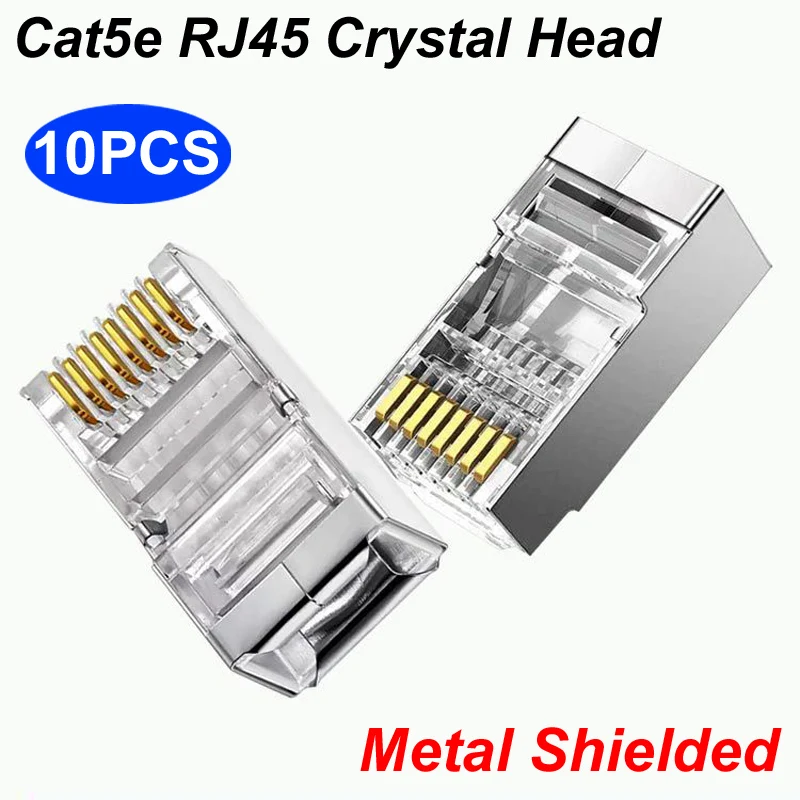 

10PCS Metal Shielded RJ45 Cat5 Cat5e Connector 8P8C Modular Plug Adapter Ethernet Cable Head 1Gbps Gigabit Network Crimp Crystal