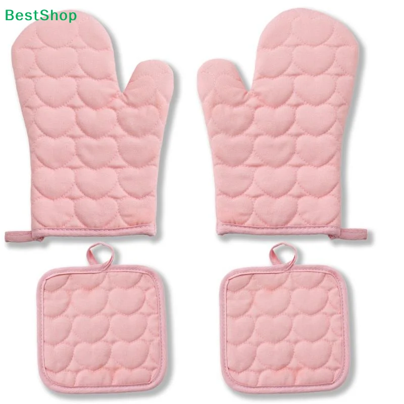 〔R〕4Pcs Pink Heart Quilted Kitchen Set - 2 Oven Mitts + 2 Pot Holders, Heat Resistant for Cooking, Baking & BBQ
