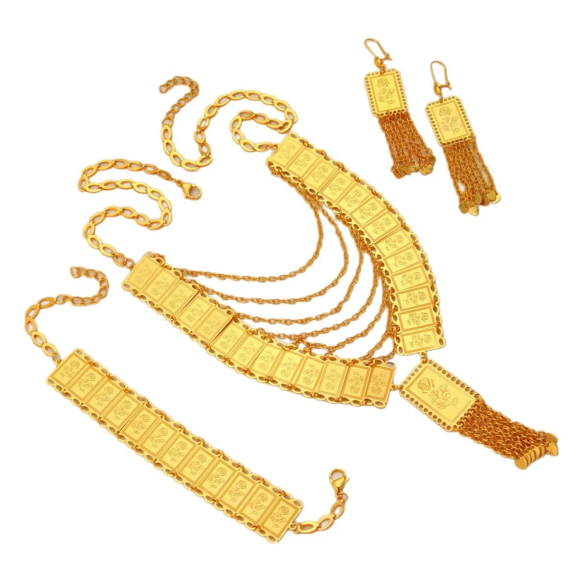 أزياء الشرق الأوسط دبي 24K مطلية بالذهب مخصصة قلادة أقراط أساور للأزواج حفل زفاف طقم مجوهرات DD10809 #4