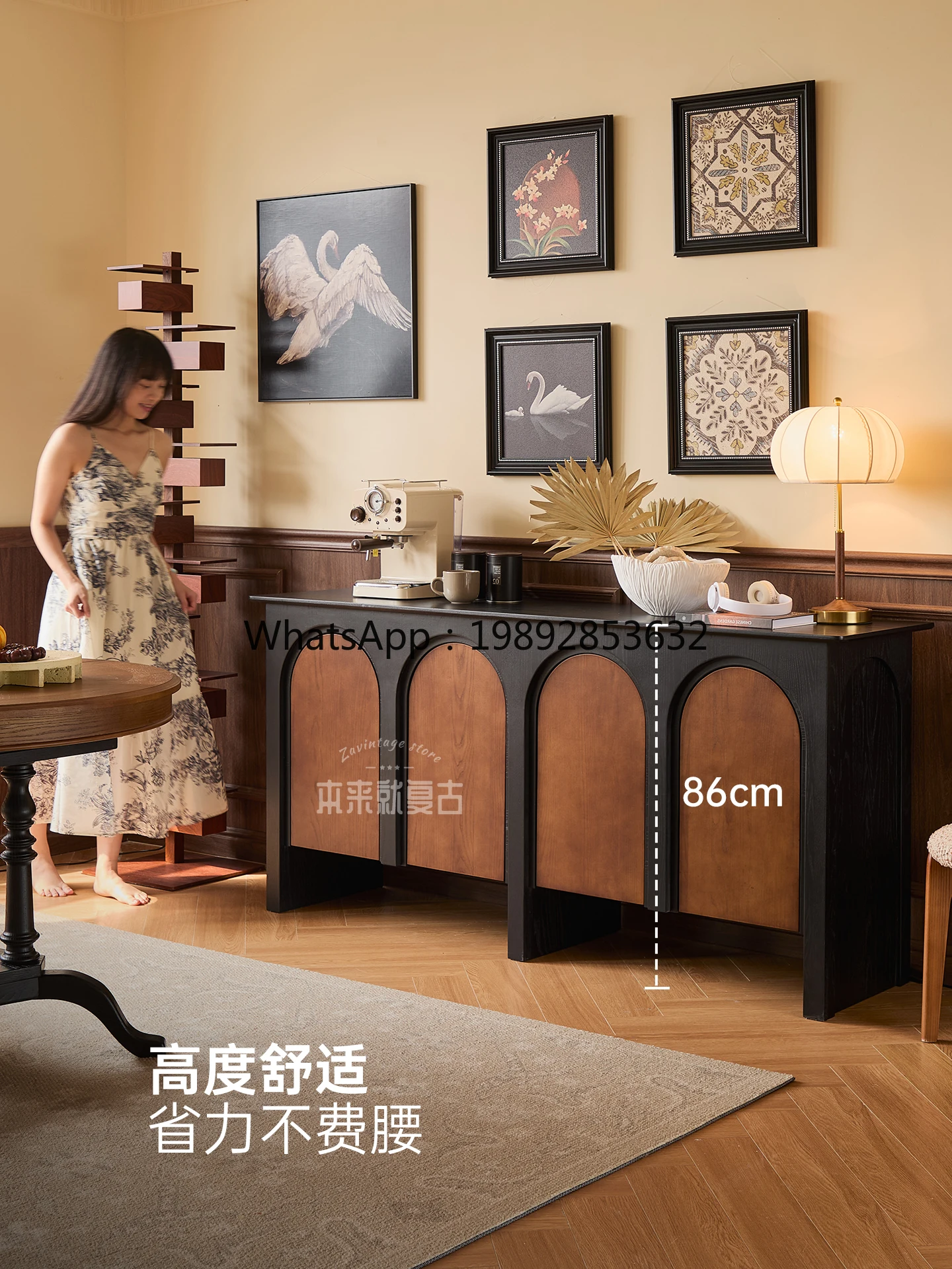 YFY French Retro Solid Wood Sideboard Cabinet  Arch Skeleton Line Storage Entryway Cabinet Coffee Table Cabinet