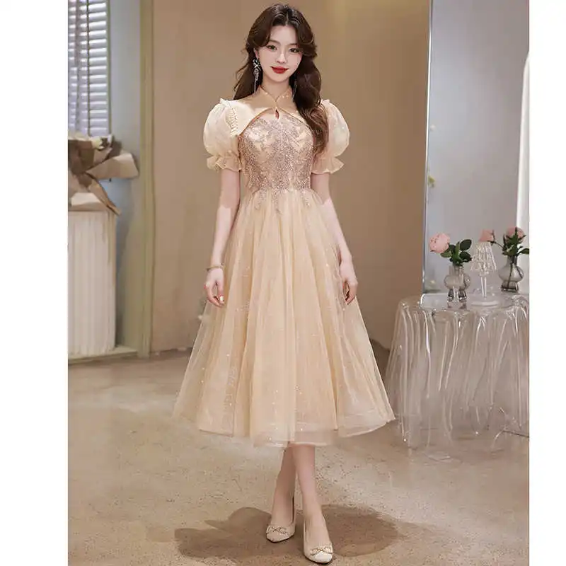 

New Elegant Crew Neck Evening Gowns For Women Backless Design Puffy Sleeve Cute Dress Solid Color Sequin Banquet Formal Dress