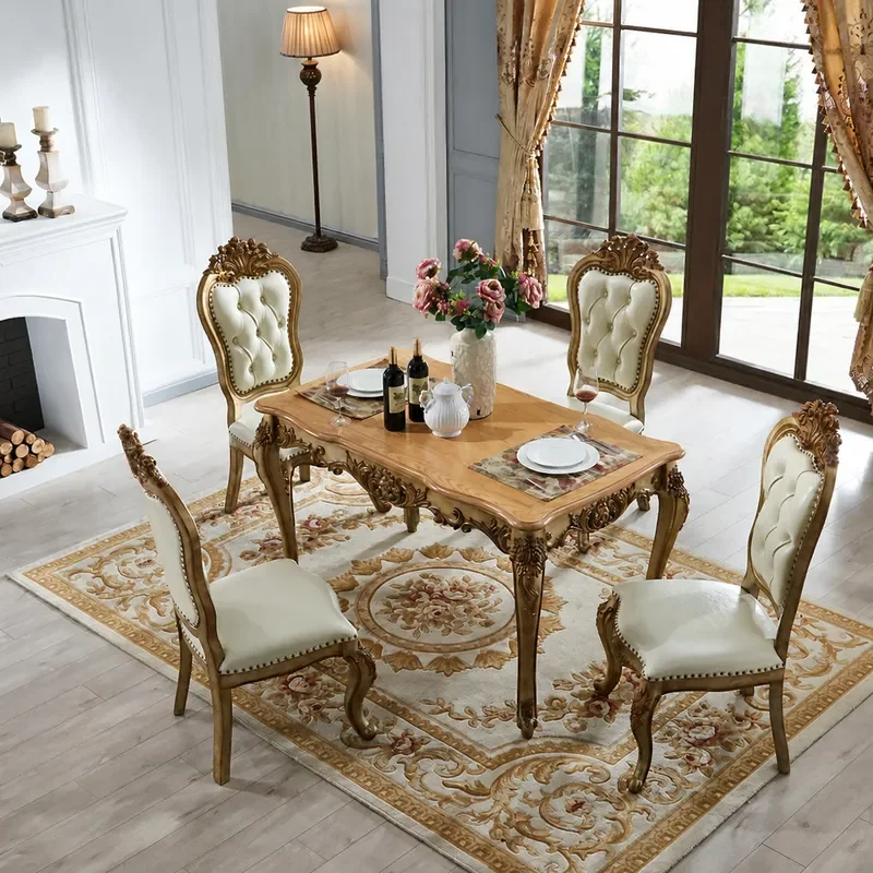Rectangular Solid Wood Dining Table and Chair Set Champagne Color for 4-6 People European Style Engraved Kitchen Furniture