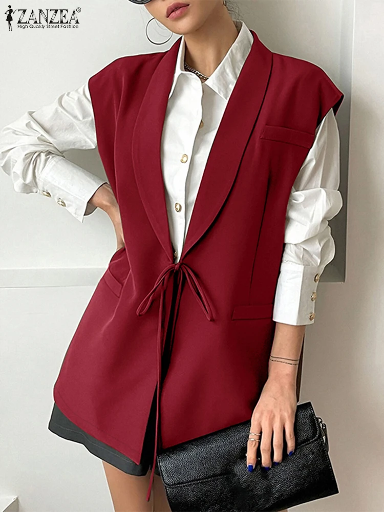 

2025 ZANZEA Autumn Women Outwear Fashion Sleeveless Vest Lapel Collar Waistcoat Elegant Lace Up Blazer Streetwear Office Jackets