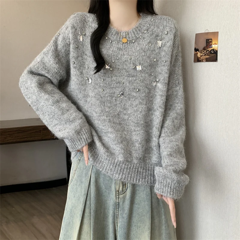 

Fashionable Rhinestone Long Sleeve Women Sweater New Korean Style Round Neck Loose Pullovers Autumn Elegant Lady Soft Knitwear