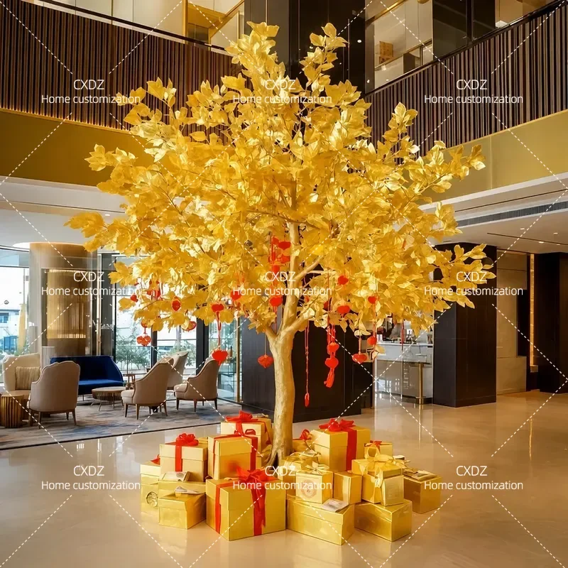 Simulation Golden Banyan Tree Artificial Money Tree Fake Gold Leaf Wishing Tree for Hall Shopping Mall New Year Red Envelope