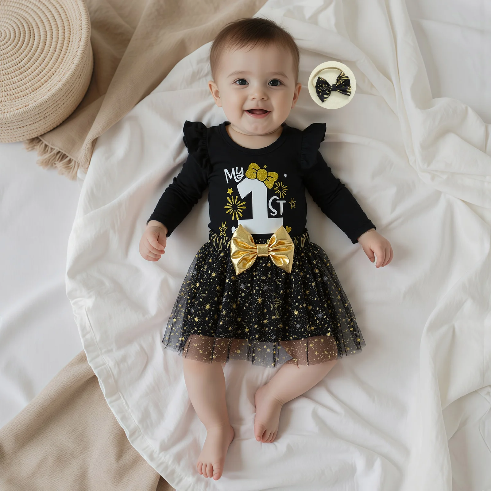 

Наряд на первый Новый год для маленьких девочек, комбинезон с длинными рукавами, фатиновая юбка с принтом фейерверка, комплект с повязкой на голову, комплект новой одежды для новорожденных