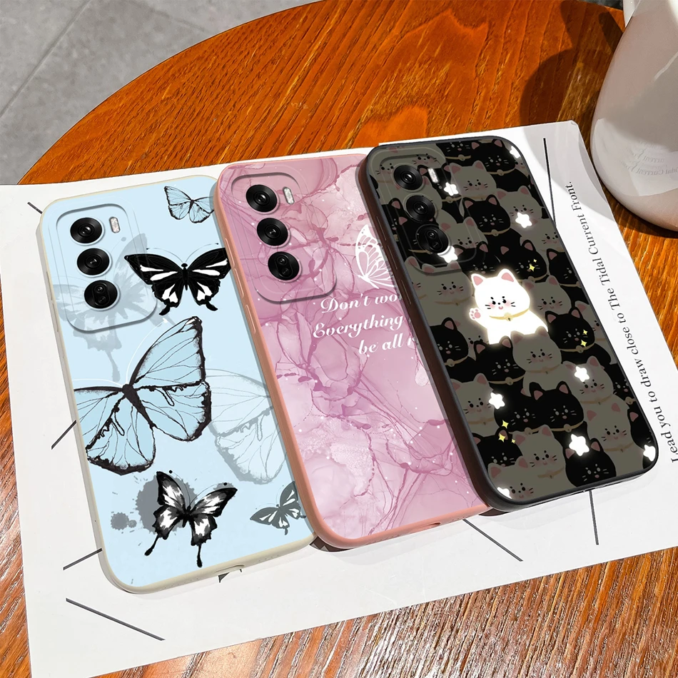 For Oppo Reno 12 Pro Phone Case Tulips Cute Cat Back Cover For Oppo Reno12 12Pro 5G Soft Smooth Liquid Silicone Camera Protector