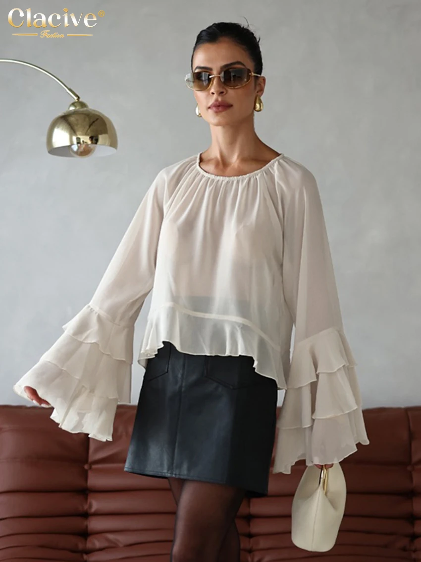 

Clacive Casual Loose Apricot Women's Shirt 2025 Sexy O-Neck Long Sleeve Shirts Elegant Classic Solid Ruffle Top Female Clothing