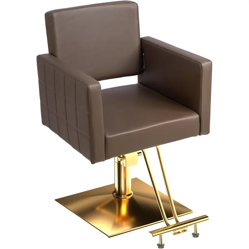Brown and Gold Barber Chair Hair Salon Chair with Heavy Duty Hydraulic Pump Square Base Stainless Steel Footrest Styling