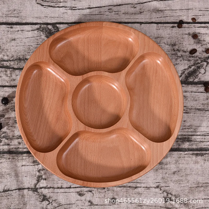 

Beech round fruit plate, snacks, dried fruits, melon seeds, candy plate, solid wood grid disc, household living room wooden tray