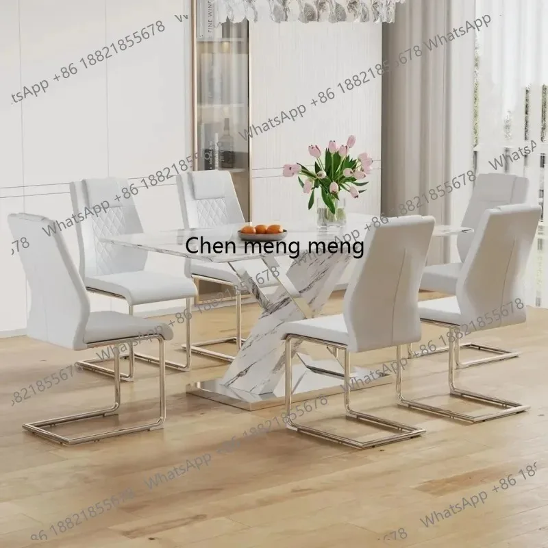 K153  K153  Marble Dining Table Set for 6,63 in White Rectangular Table with Sliver Metal X-Shaped Frame and 6 White Leather Cus