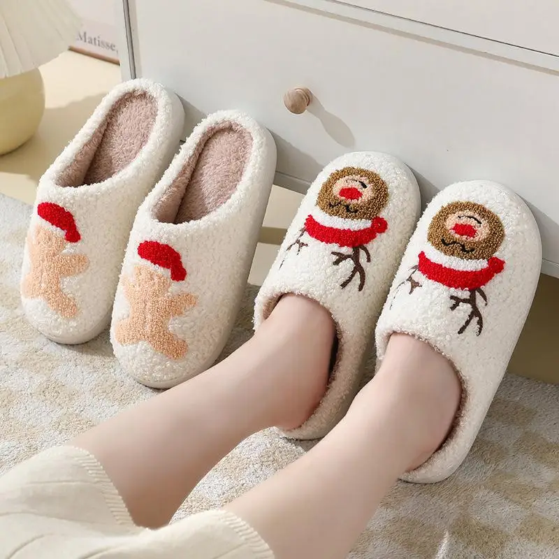 

Custom Cute Cartoon Memory Foam Plush Reindeer Fluffy Faux Fur Winter Cotton Cute Plush Slides Christmas Home Slippers