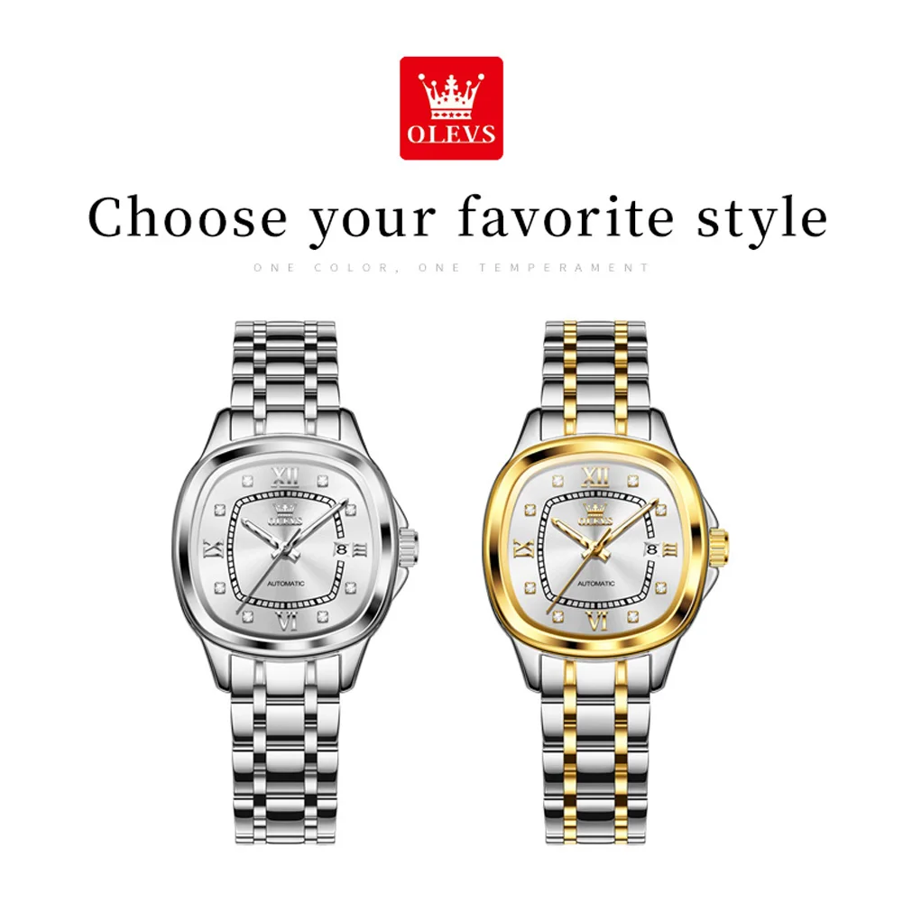 Jam Tangan Pasangan Romantis OLEVS 9810 Tahan Air Otomatis Mekanis untuk Pria dan Wanita dengan Fitur Luminous dan Bahan Stainless Steel