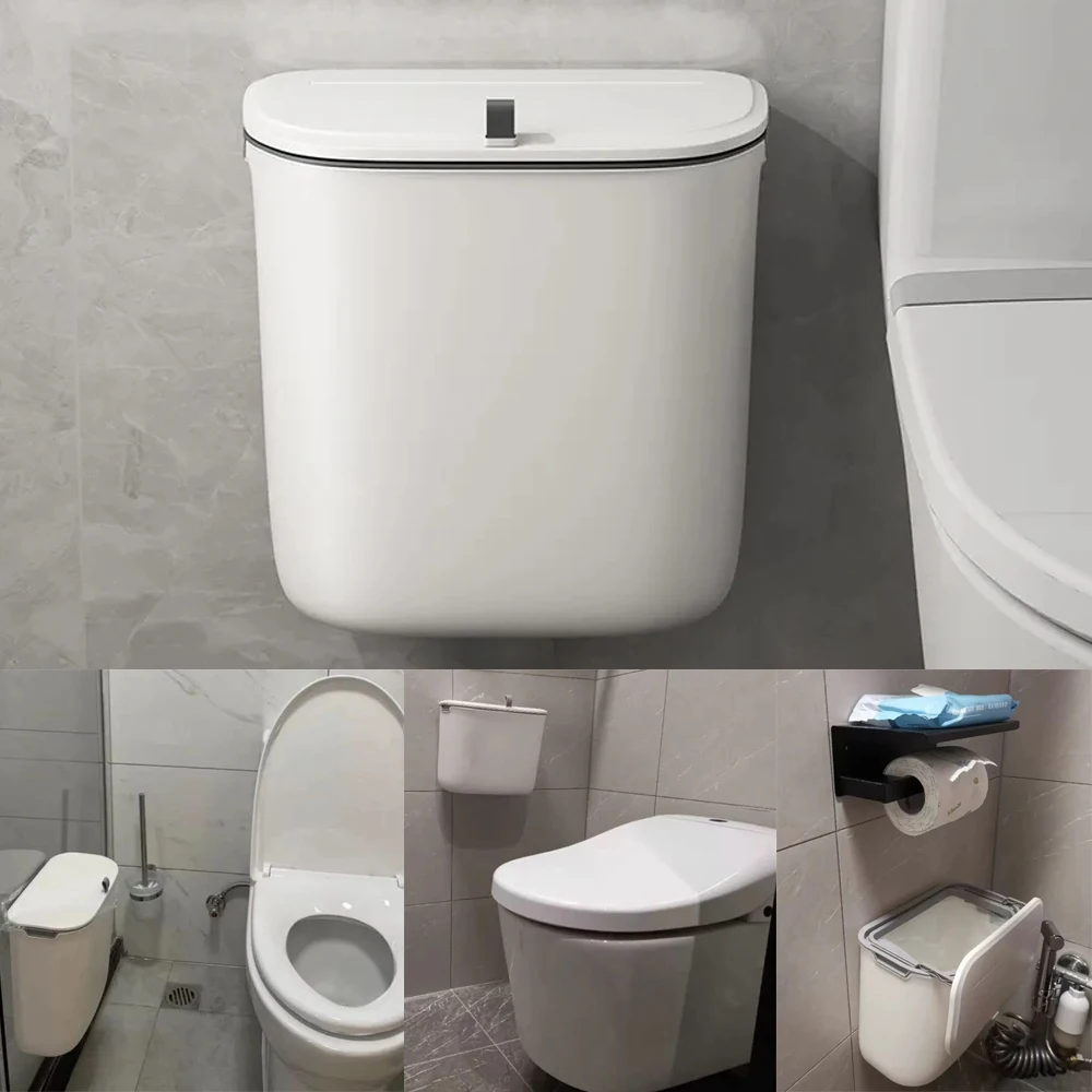 Bathroom Trash Can Wall Mounted Hanging Trash Bin With Lid Waterproof Narrow Seam Rubbish Bin Toilet Waste Garbage Bin 7/9L