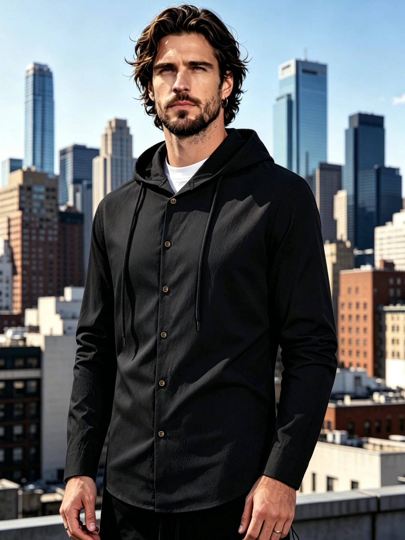 Ultra Light Breathable Men Hooded Button Shirt Drawstring Hood Quick Dry Woven Fabric Daily Outdoor Vacation Shirts OuterwearTop