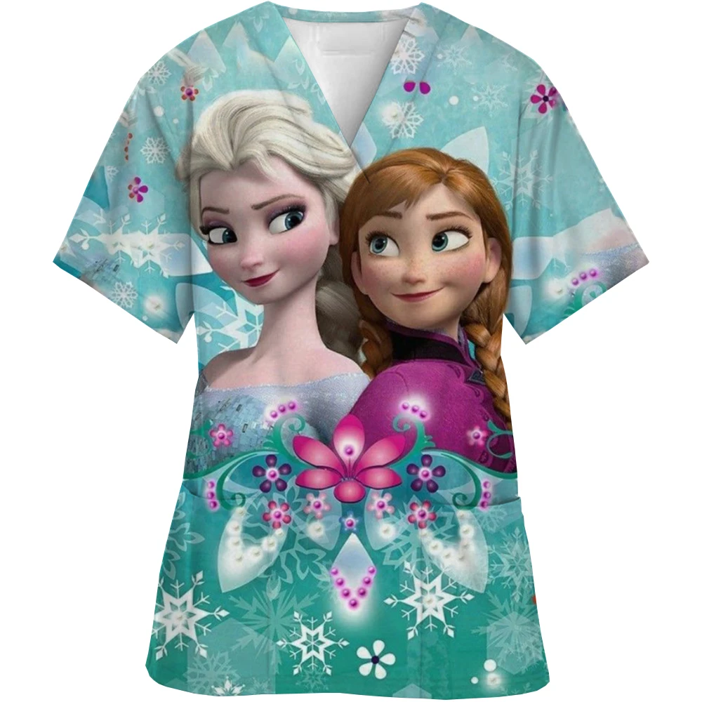 Disney Princess Moana Print V-Neck Print Scrub Top Short Sleeve Top Hospital Nurse Caregiver Pet Shop Work Uniform