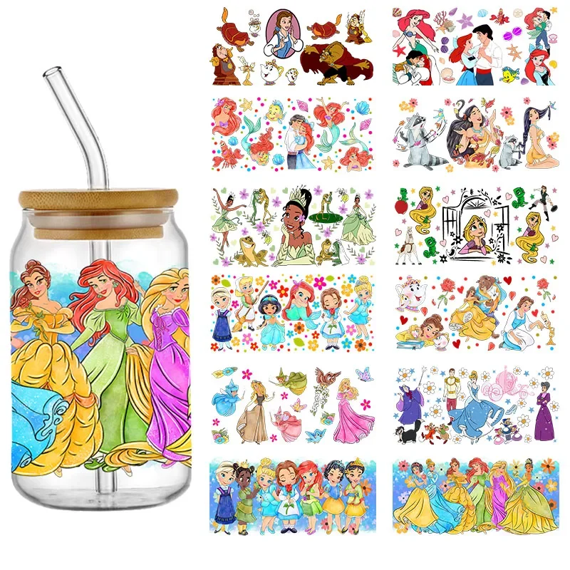 Disney Princess Cartoon UV DTF Cup Wrap Transfer Stickers Cartoon For 16oz Glass libbey Beer Can Self-adhesive Waterproof Decals