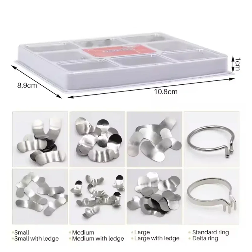 100 Pcs Sectional Contoured Dental Matrix Bands with 2 Rings and #1398 Forming Clip – Restoration Kit