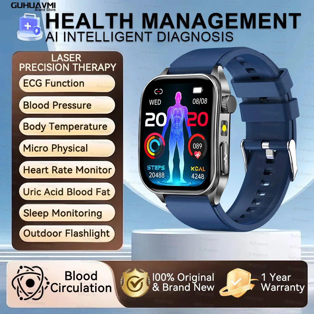 2026 Nieuwe Gezondheid Smart Horloge Laser Therapie Verminderen Drie Hoogtepunten Bloed Zuurstof Druk Urinezuur Bloed Lipide ECG Smartwatch Voor Man