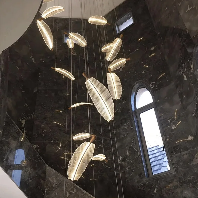 Light Luxury Crystal Leaf Feather LED Chandelier Creative Art Rotary Staircase Chandelier Living Room Dining Room Lighting