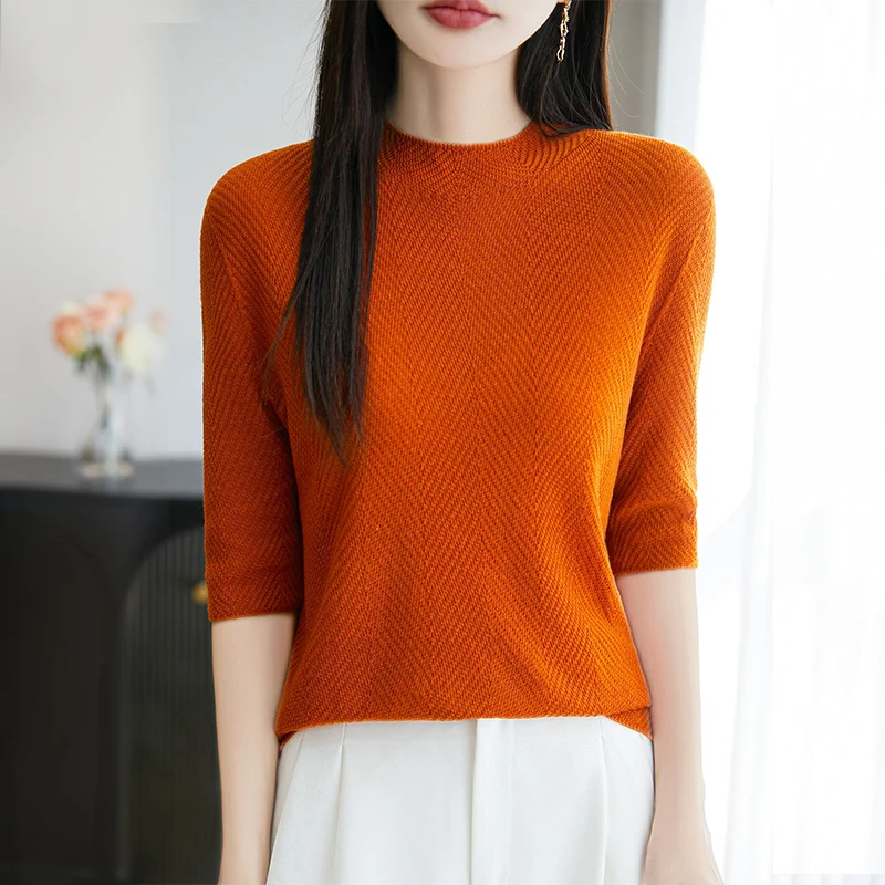 

Women Fine Merino Wool Sweater Half-high Collar Knitted Pullover Half Sleeve Tops Spring Summer Herringbone Casual Knitwear