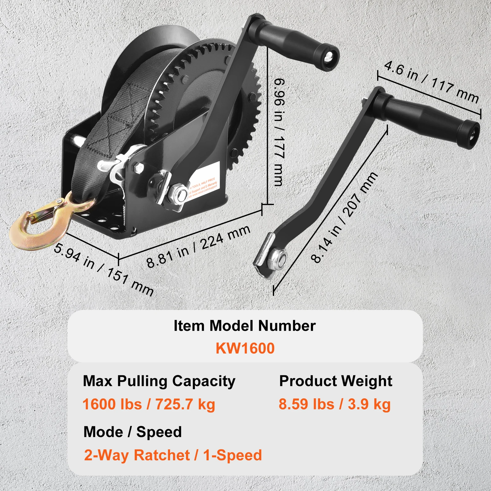 SucceBuy Handlier Boottrailerlier Zwaar uitgevoerde touwslinger Polyester riem en tweewegratel Handmatig bediende handslingerlier