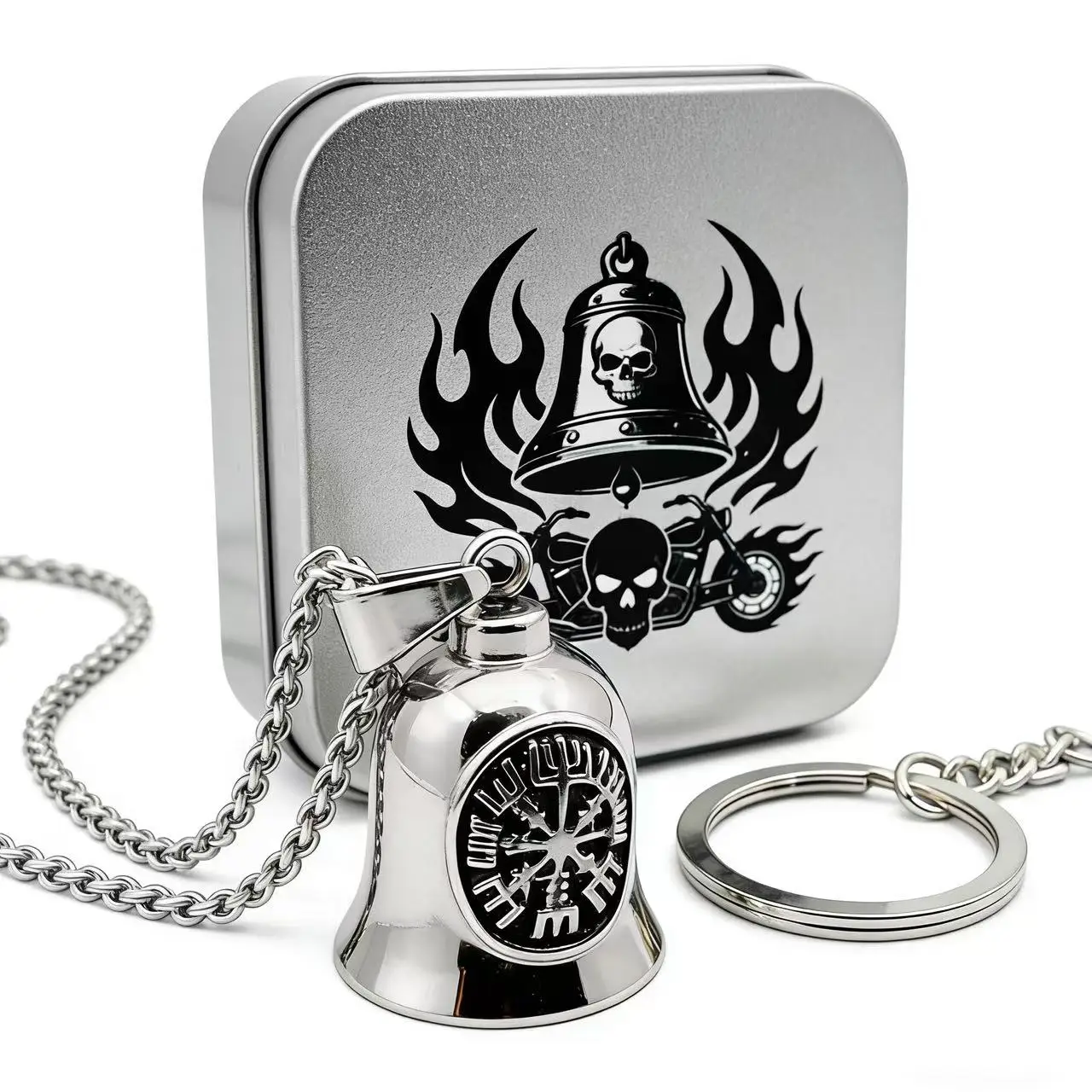 

HNSP 316L Stainless Steel Nordic Runes Exorcism Bell Pendant Necklace For Men Jewelry Motorcycle Bike Accessories Box Gift