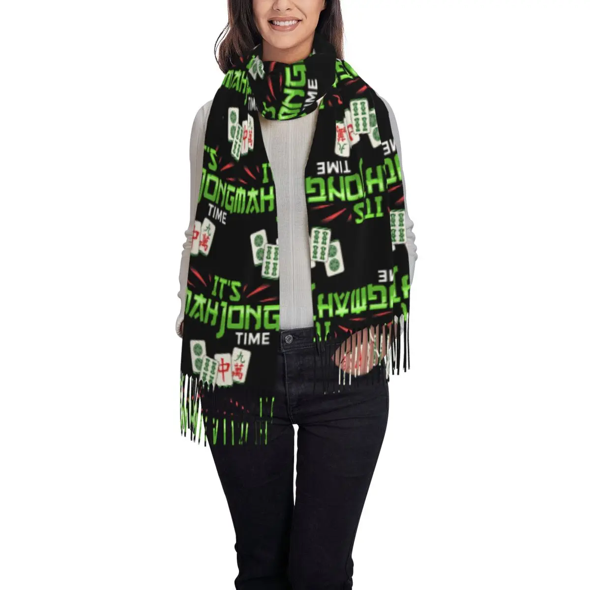 جونغ لعبة ماه جونغ لاعب على الانترنت البلاط وشاح شرابة الأوشحة للنساء شالات دافئة ويلتف كبير الخريف الشتاء شال التفاف #4