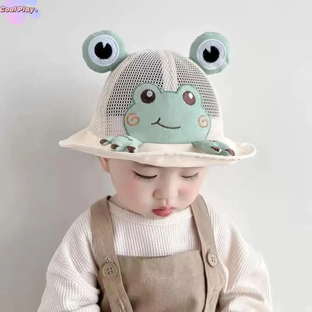 

Korean Style Cartoon Frog Bucket Hat Breathable Cotton Baby Sun Protection Hat Sunscreen Mesh Children Fishman Hat 6-36 Months