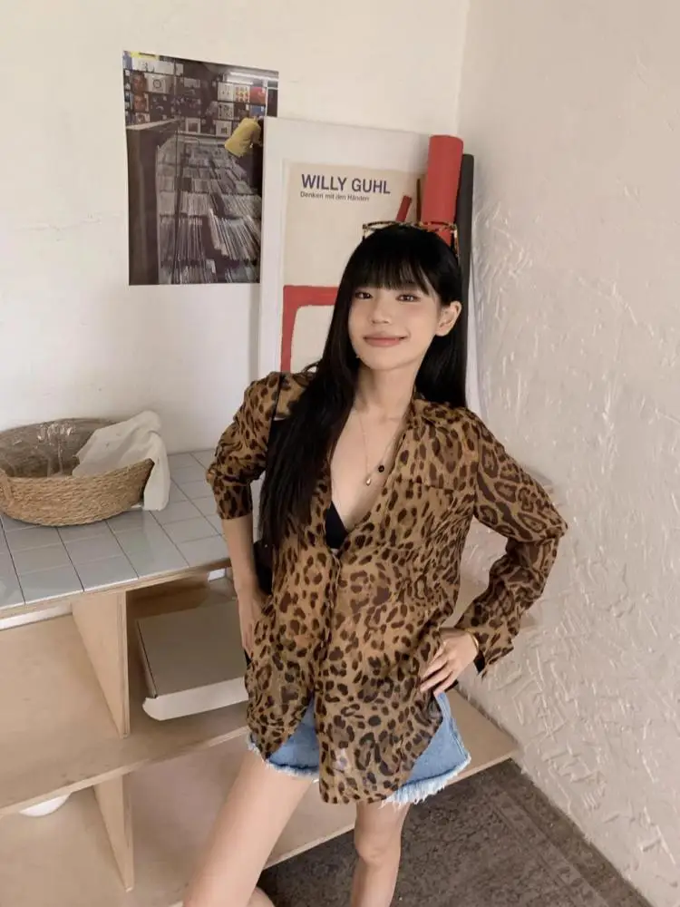 Vintage Hotsweet Leopard Chiffon Women Shirt Button Up Single Breasted Long Sleeve Autumn Tops 2000s Y2k Shirts Blouses Tops