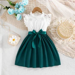 Dress For Kids 4-7 Years old Birthday Lace Ruffled Sleeve Button Back Princess Dresses Ootd For Baby Girl