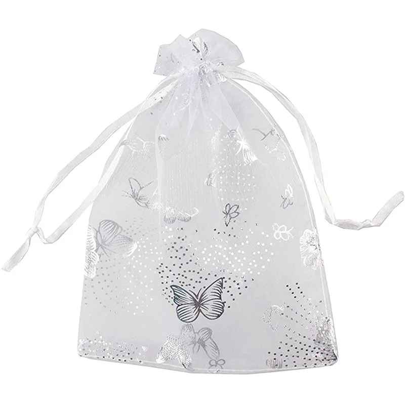 

A34R 300Pcs 9X12cm Butterfly Organza Jewelry Gift Pouch Candy Pouch Drawstring Wedding Favor Bags White