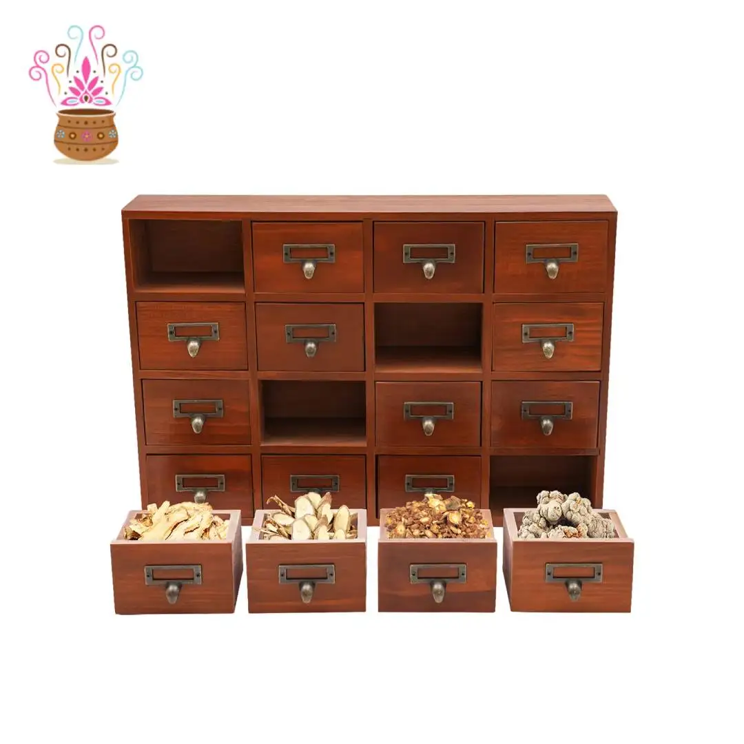 Vintage Drawer Organizer, 16 Compartment Pine Plywood Desktop Storage Cabinet, 8mm Thick Panel Label Slots Zinc Alloy Pull Handles For Cosmetic Jewelry Herb Desktop Sorting