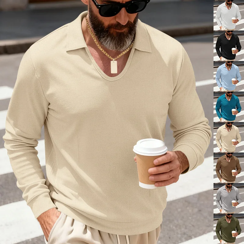 Spring And Autumn Heavy Waffle Long Sleeve T-Shirt Men's Casual Loose Lapel Pullover