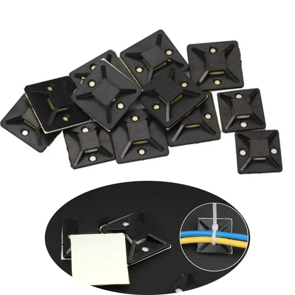 Black 20x20mm Wall Holder Mount Clip/Clamp Cable Holder Zip Tie Base Self Adhesive Cable Tie Base Removable
