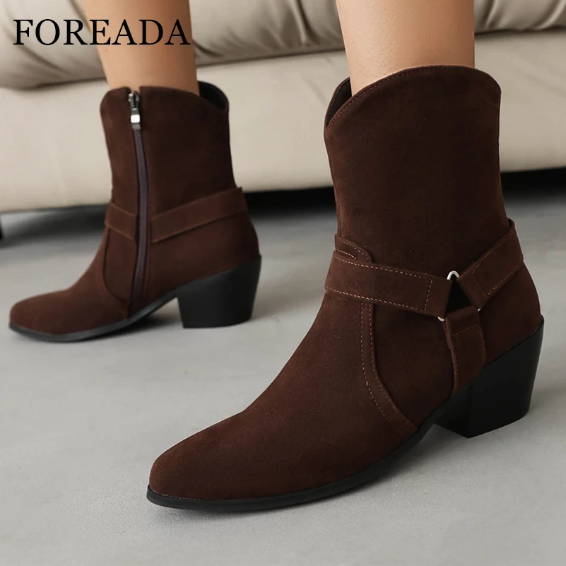 

FOREADA Women Ankle Cowgirl Boots Round Toe Chunky Mid Heels Zipper Western Cowboy Short Boots Ladies Fashion Shoes Winter 46