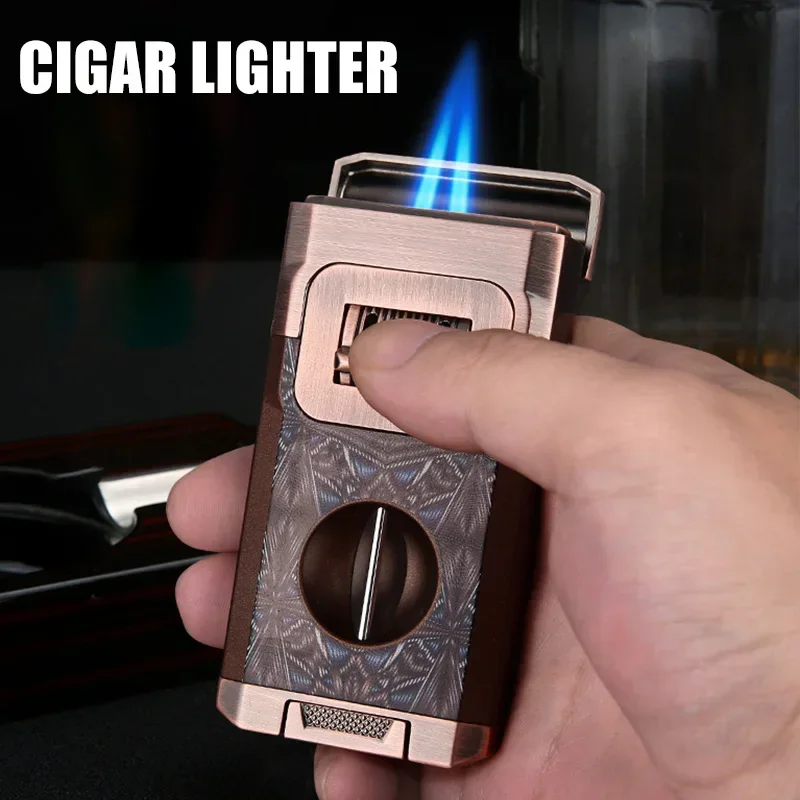 HONEST Strong Double Blue Flame Inflatable Lighter Visual Gas Window V-shaped Cigar Knife Design Diameter 24MM Ignition Tool