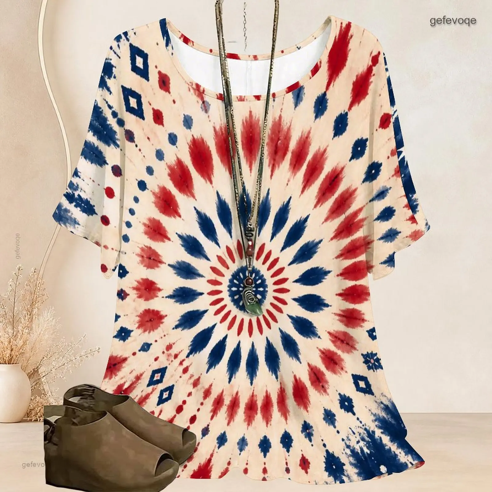 Women Round Neck Batwing Short Sleeve T Shirt Loose Oversized Tunic Top Curved Hem Casual Vintage Blouse Custom Print Ladies - view 6