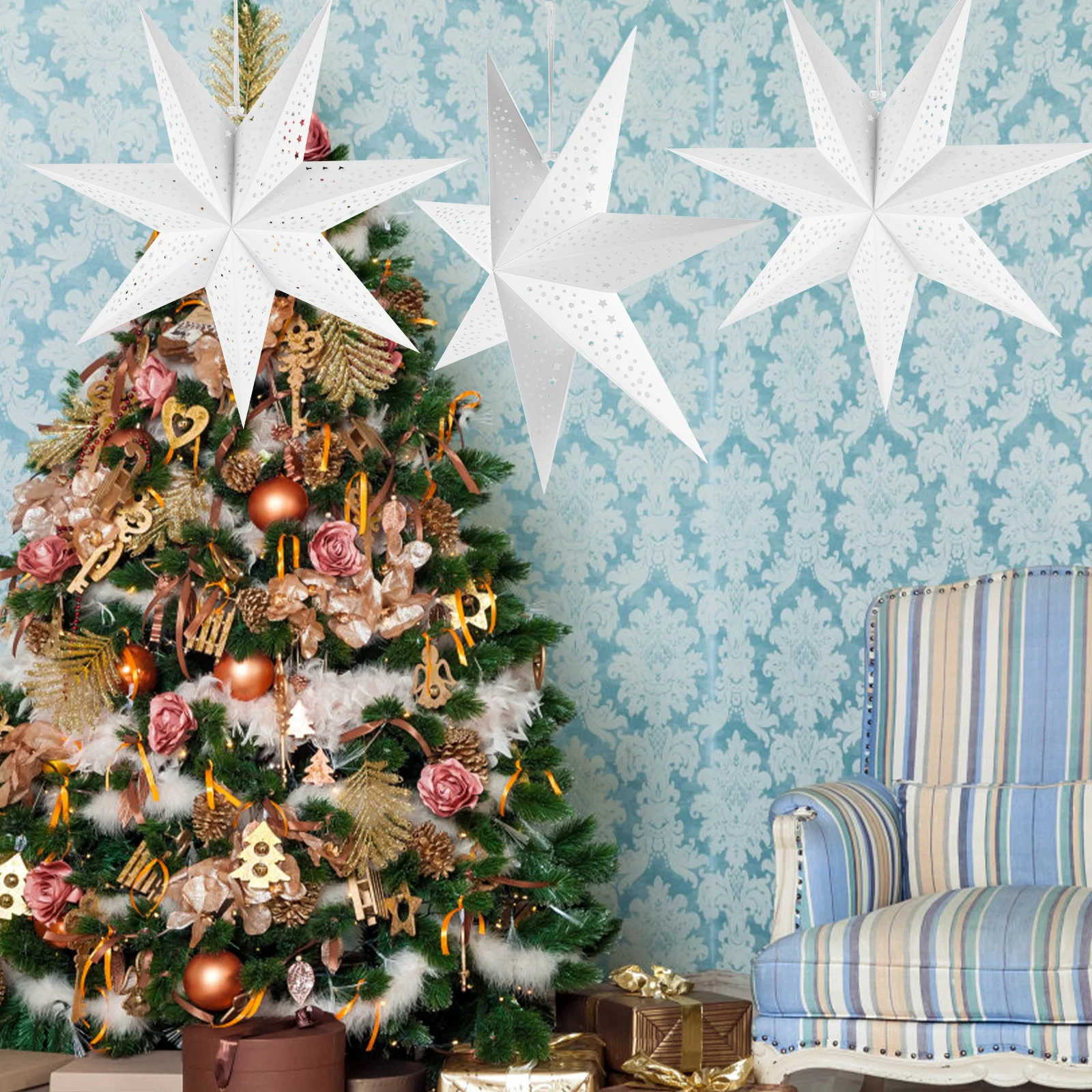 

3pcs Christmas 3D Paper Ceiling Decoration Hanging Pendant Lampshade Xmas Party Decor Star Shaped Light Shade