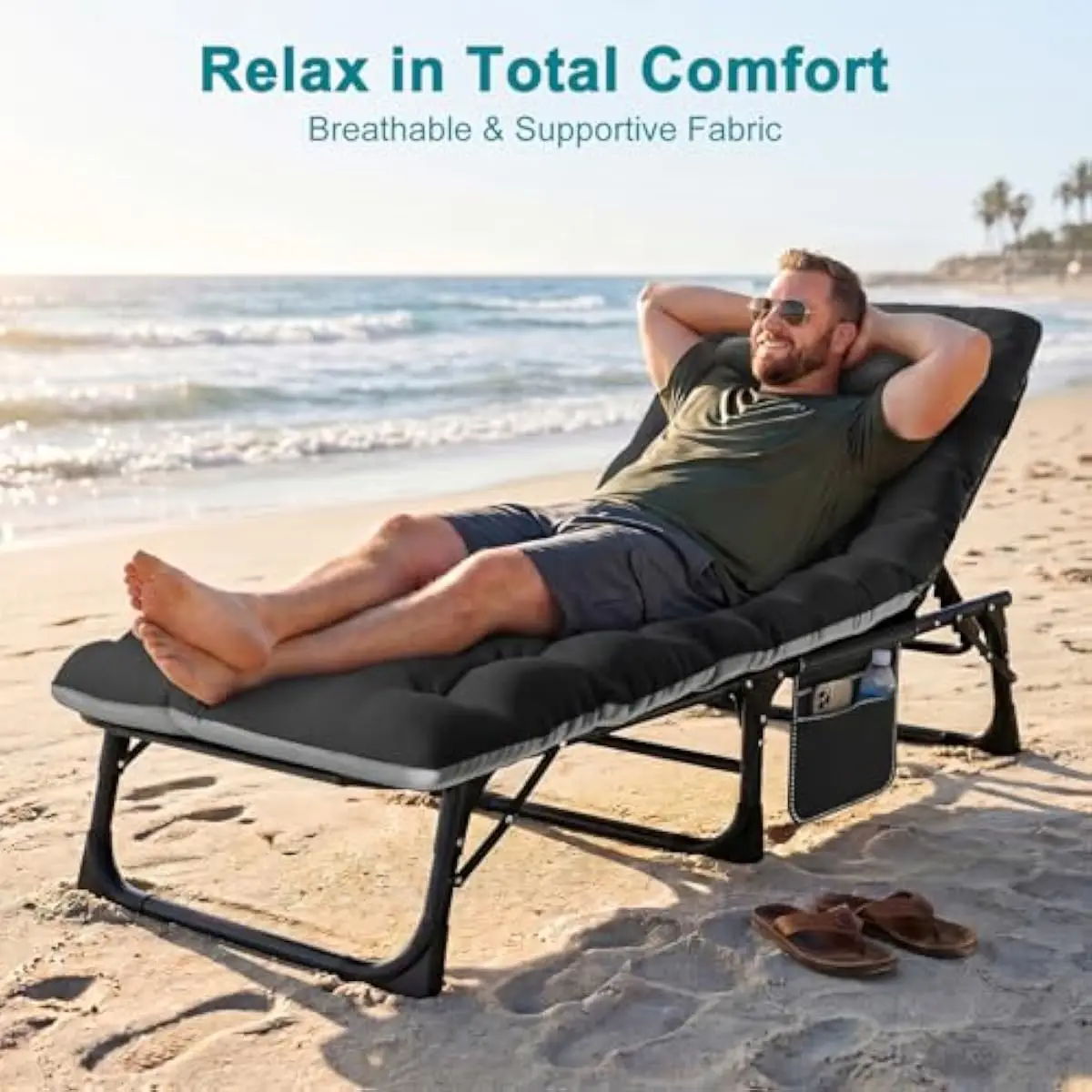 Folding Chaise Lounge Chair with 5-Position Ergonomic Recline System Textilene Fabric Alloy Steel Frame Lightweight Portable Des