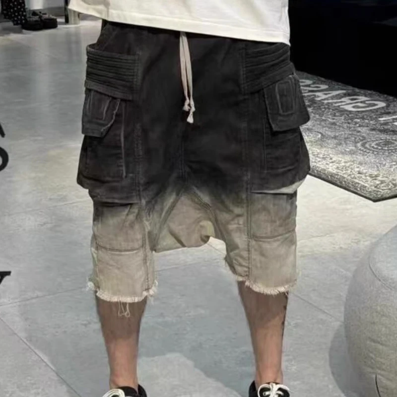 

High Street Men's Pants Black and White Gradient Design Shorts for Man Owens Knee Length Drawstring Men's Clothing