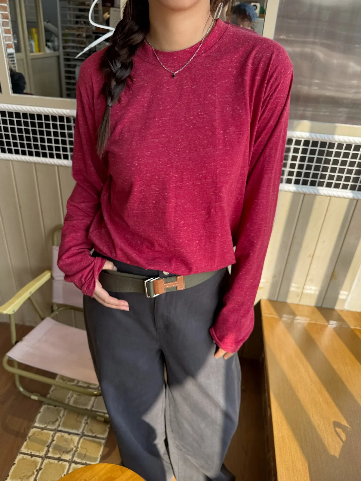 

Acrab Autumn Loose Fit Long Sve T-irt Casual Sle Base Layer Red Inner Wear Cotton Polyester Blend round Ne Top