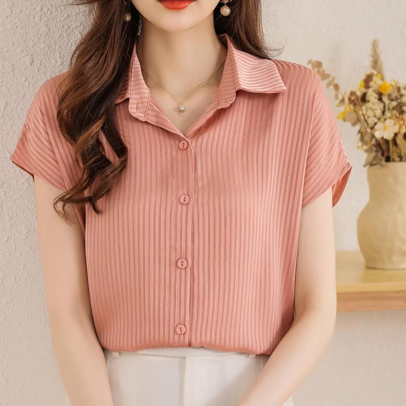 Women Clothing Elegant Fashion Solid Chiffon Shirt Summer Casual Loose Sagging Sensation Short Sleeve Blouses Chic Slim Tops