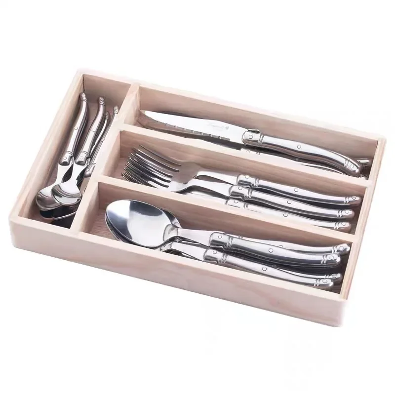 24pcs Laguiol Silverware set Stainless Steel Tableware Steak Knife Fork and Spoon Silver Flatware Set Xmas Cutlery in  Wood Box
